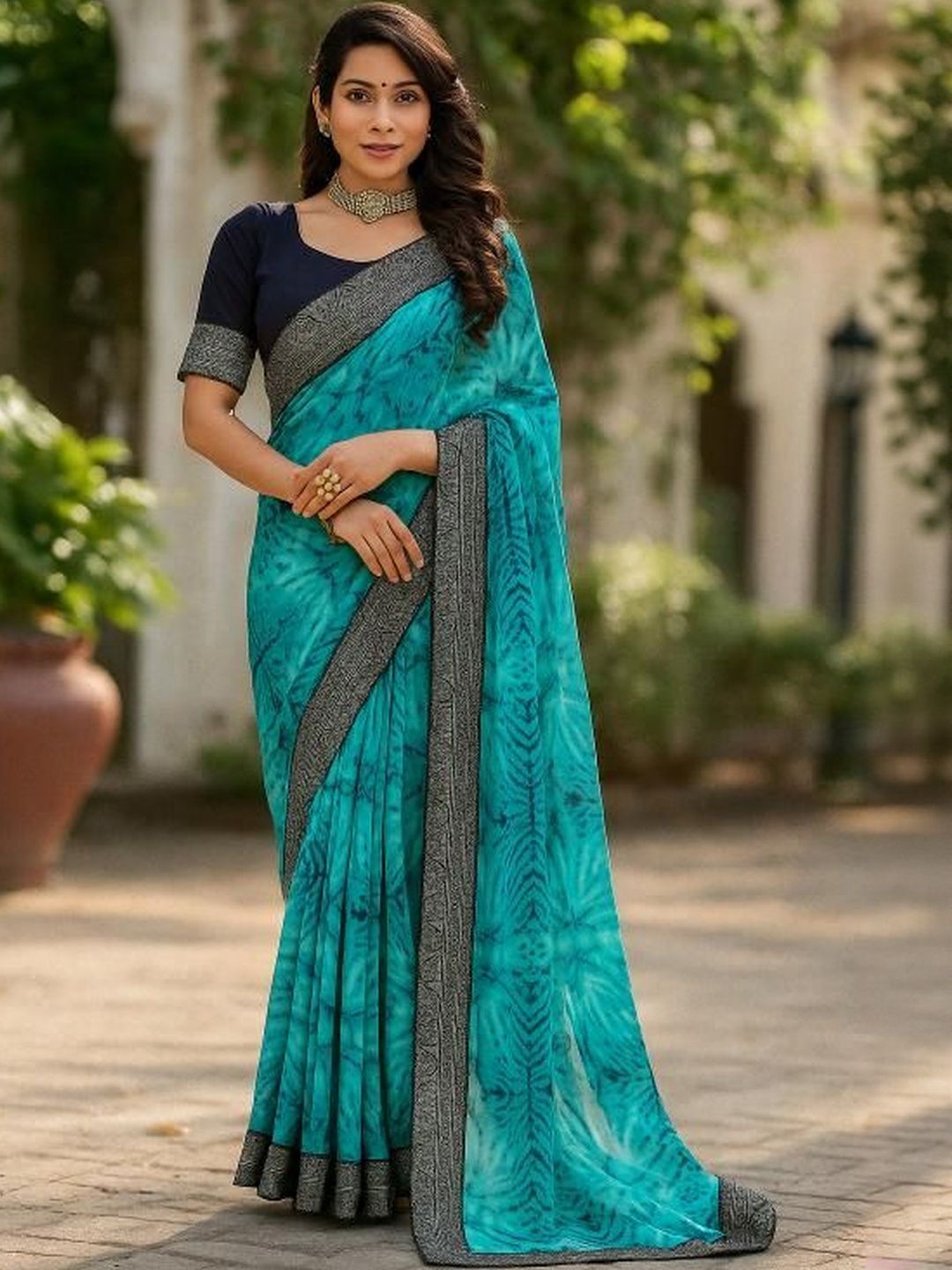 Dhimhi Women's Turquoise Blue Pure Georgette Printed Sarees