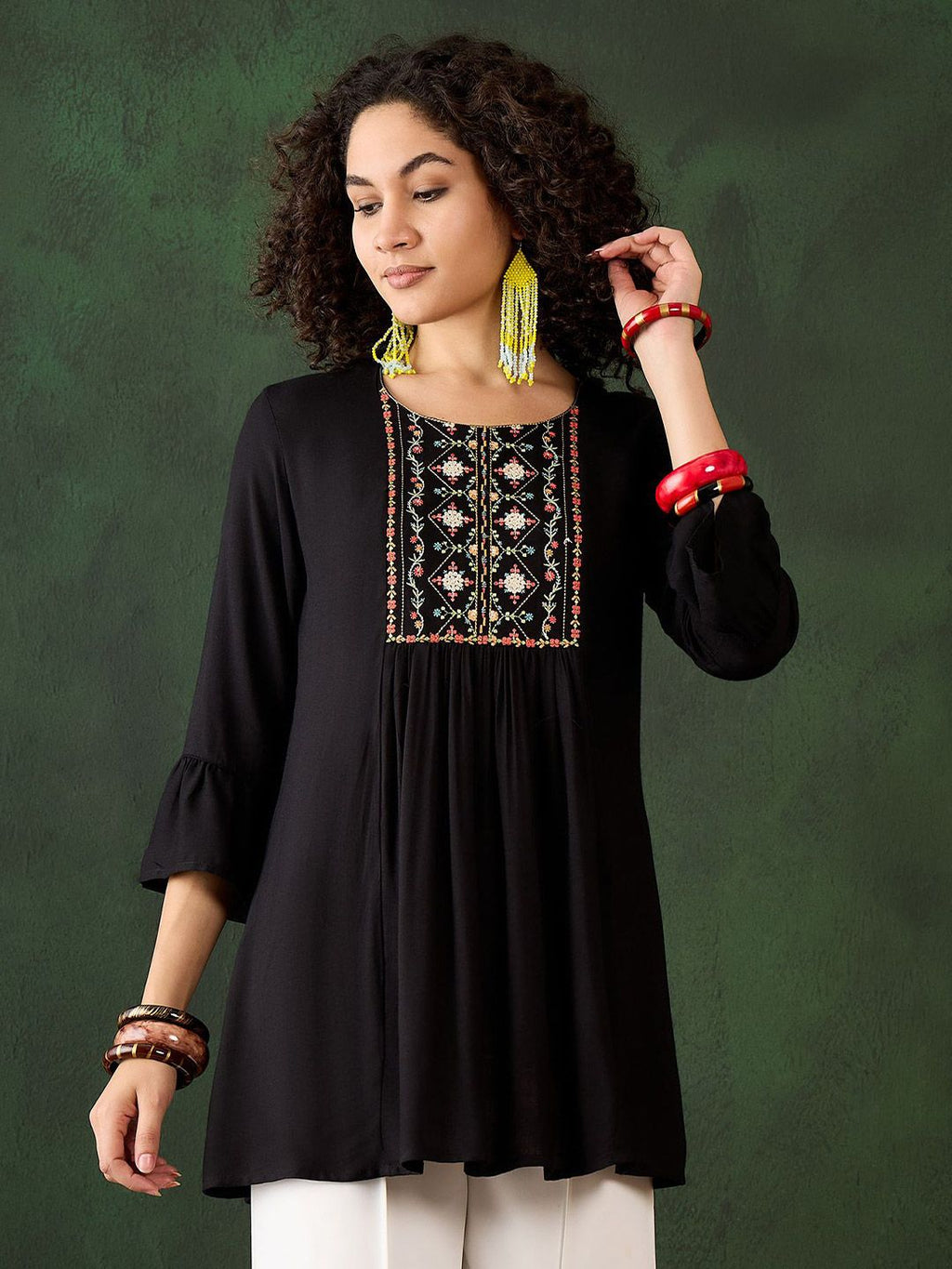 Dhimhi Women's Floral Embroidered Round Neck Top