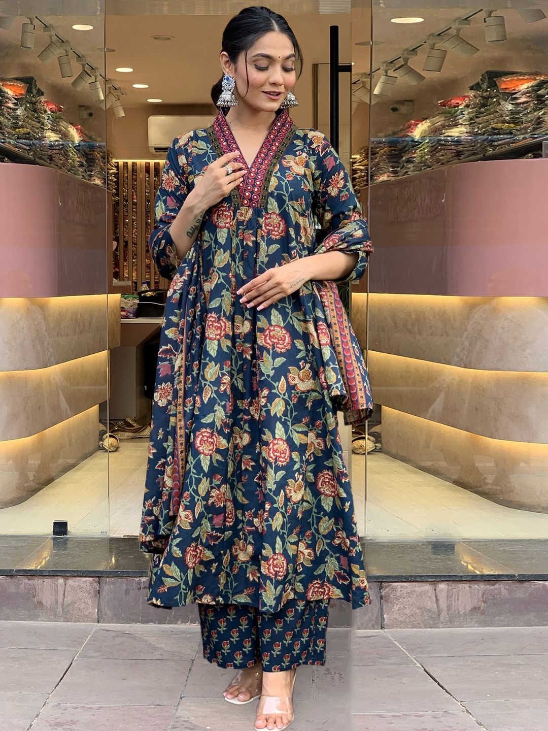 Dhimhi Women's Floral Printed V-Neck Anarkali Kurta with Palazzos & Dupatta