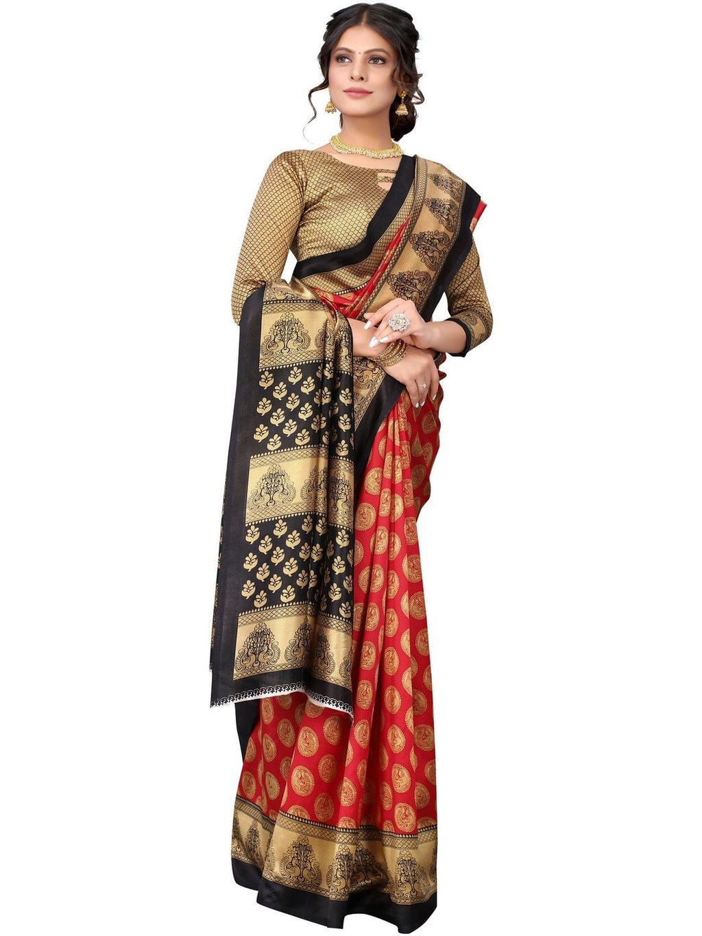 Dhimhi Women's Red & Green Peacock Printed Art Silk Saree