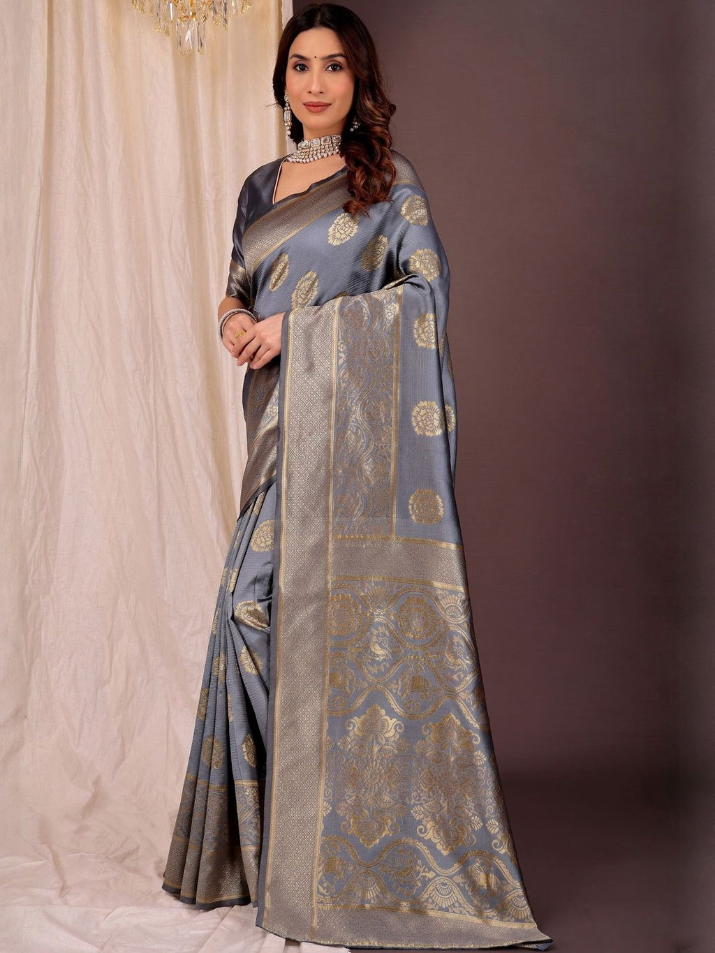 Dhimhi Women's Grey Silk Cotton Woven Design Sarees
