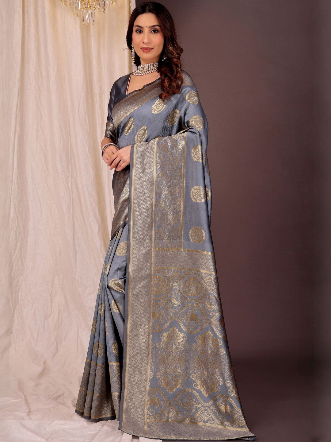 Dhimhi Women's Grey Silk Cotton Woven Design Sarees