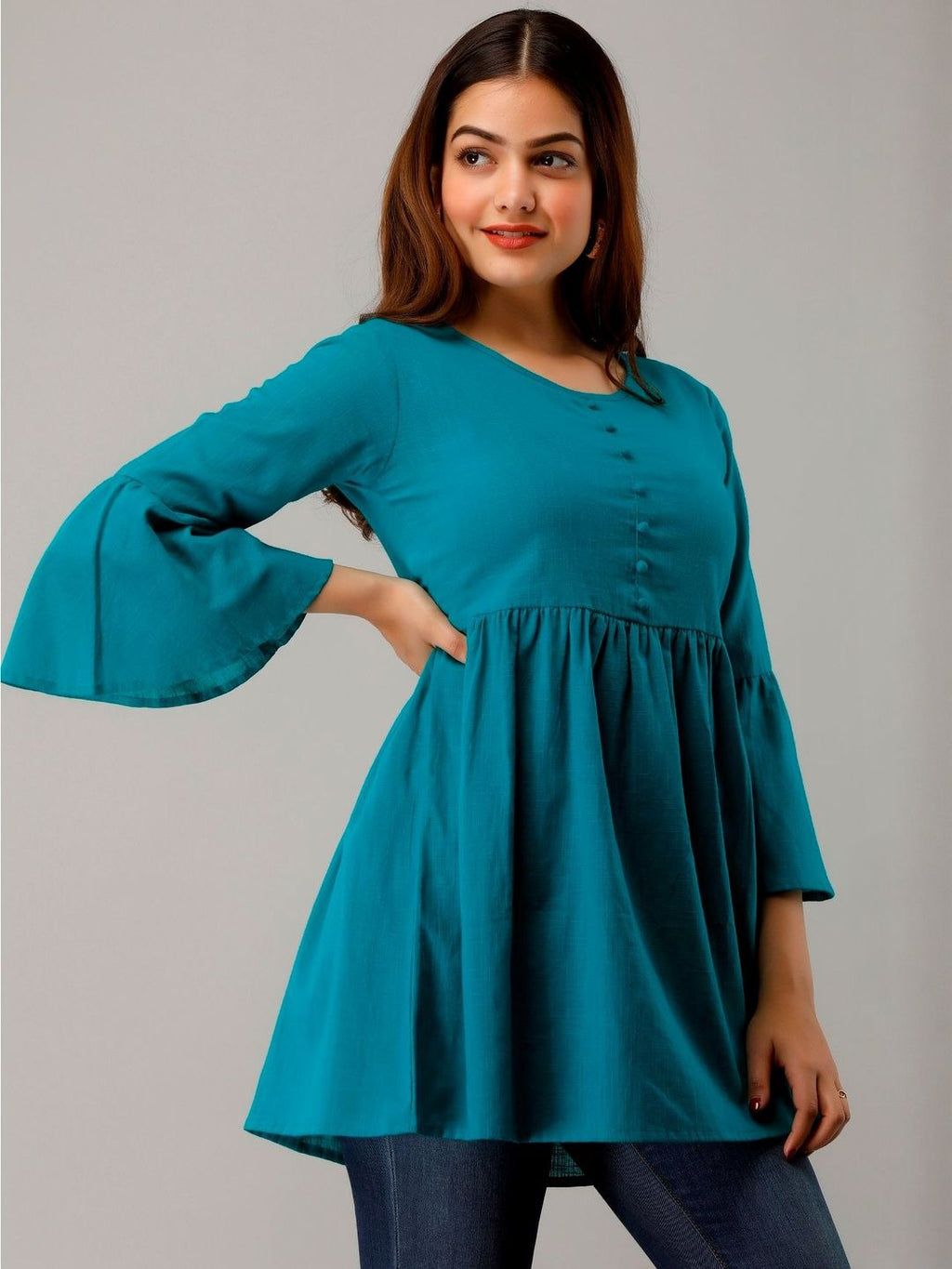 Dhimhi Women's Rayon Solid Bell Sleeve Top