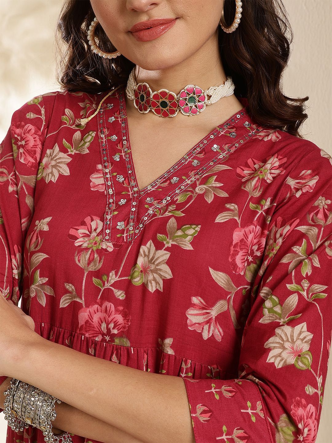 Dhimhi Women's Ethnic Motifs Printed V-Neck Tiered Cotton Fit and Flare Ethnic Midi Dress