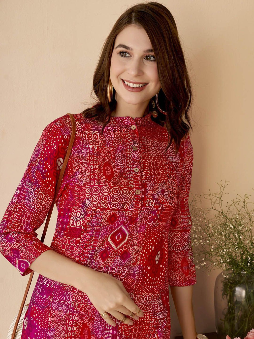 Abstract Printed Band Collar Straight Kurta