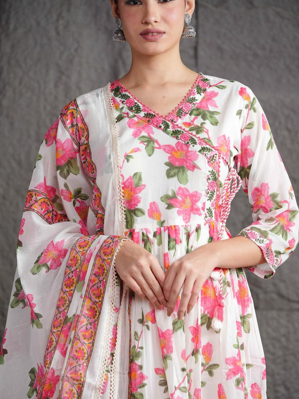 Dhimhi Women Anarkali Kurta & Angarkha Pattern & Embroidery Work Kurta Trousers & Dupatta