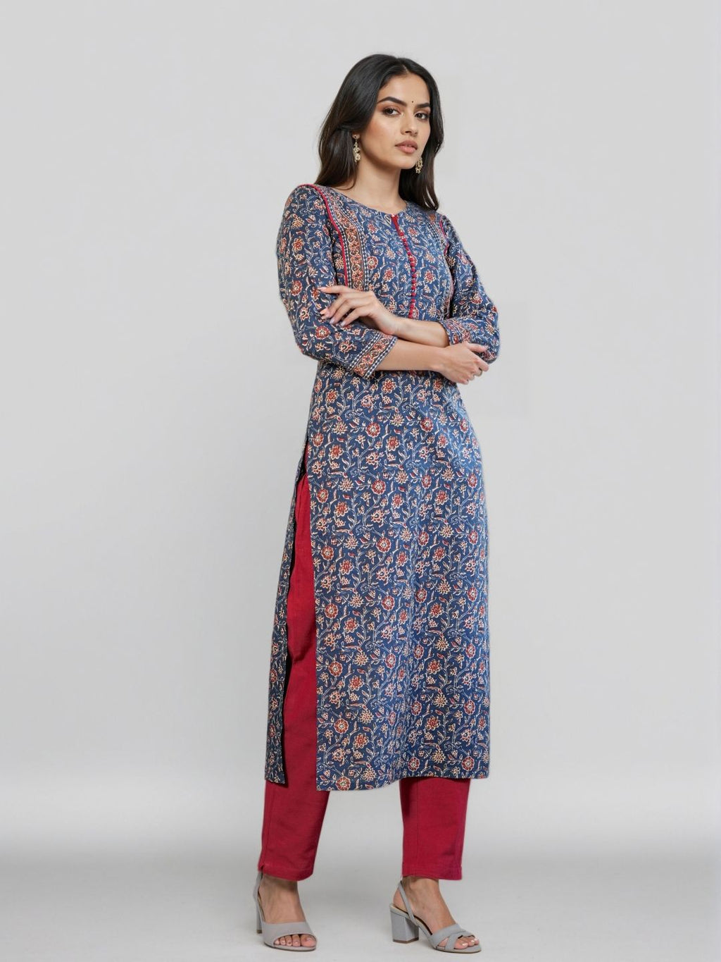Floral Printed Notch Neck Pure Cotton Straight Kurta