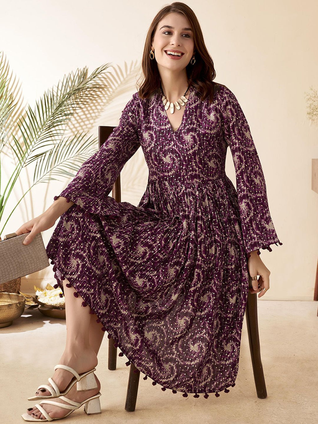 Dhimhi Women's Abstract Midi Tassel Ethnic Dress