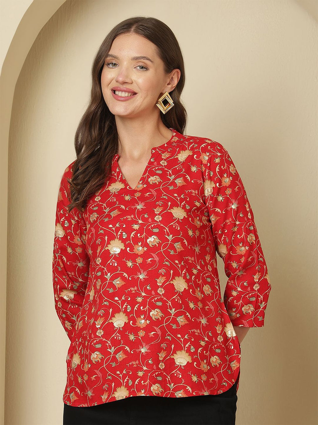 Dhimhi Women's Floral Printed Mandarin Collar Top