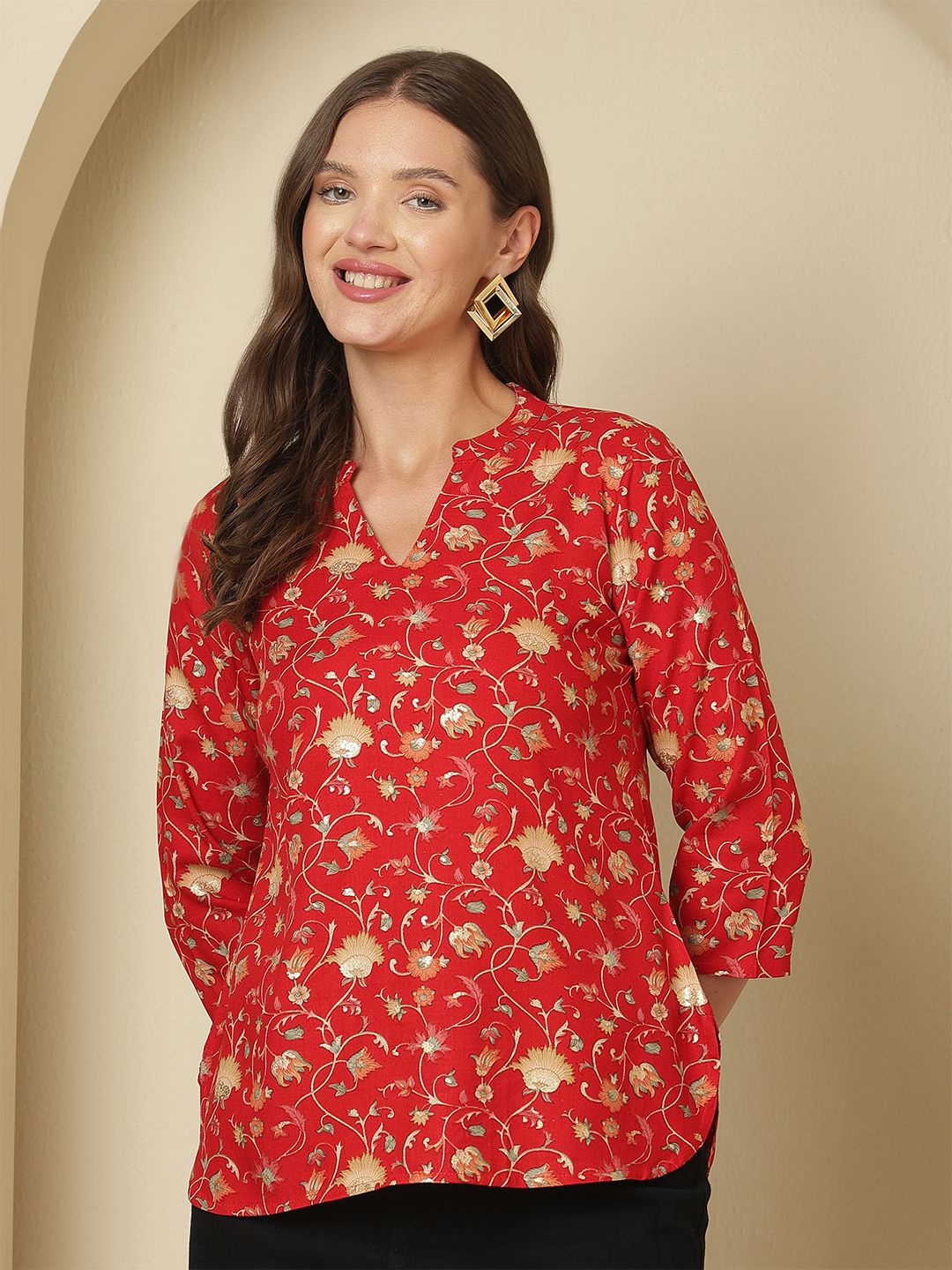 Dhimhi Women's Floral Printed Mandarin Collar Top