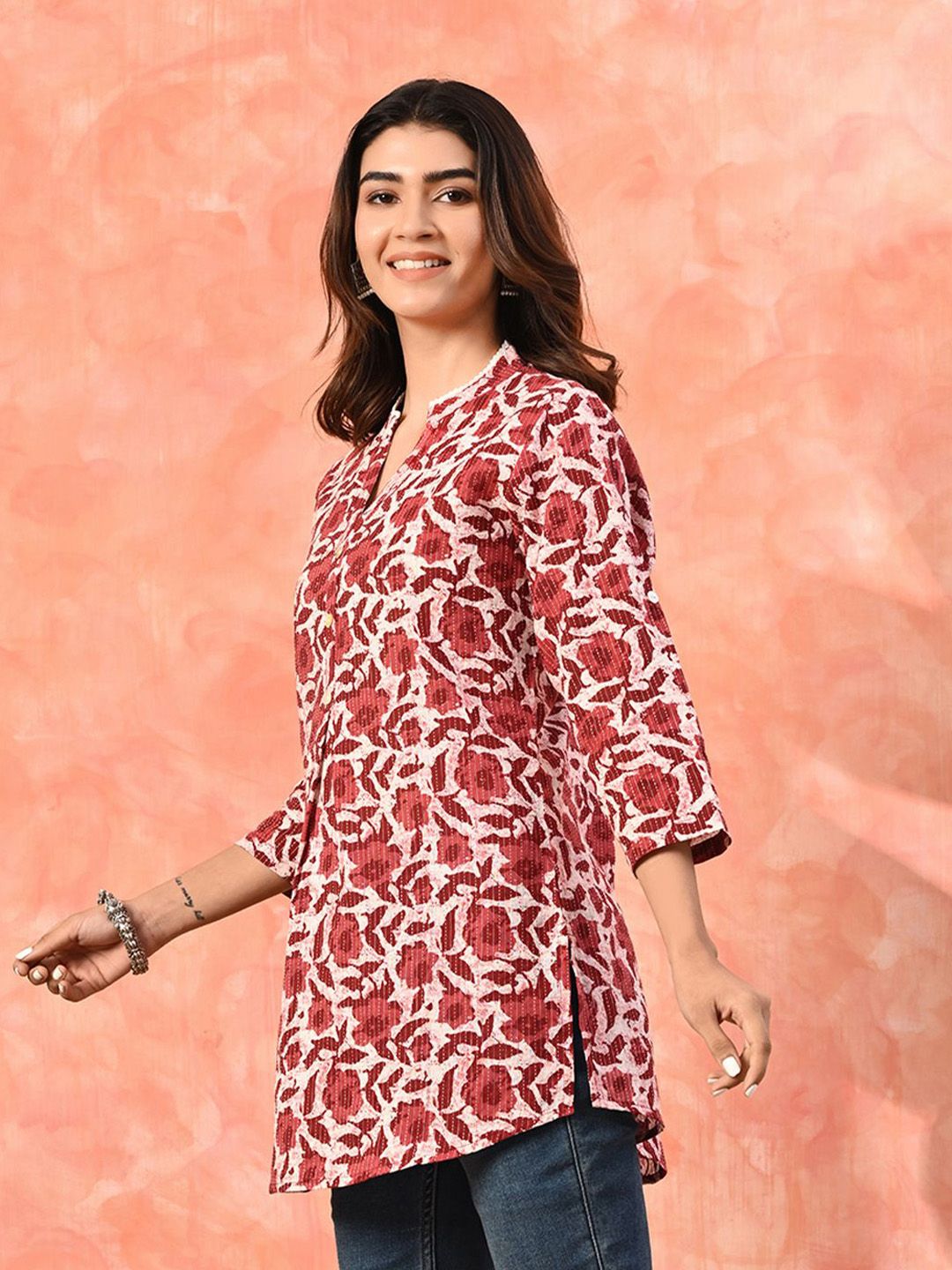 Dhimhi Women's Floral Printed Pure Cotton Three Quarter Sleeve Tunic