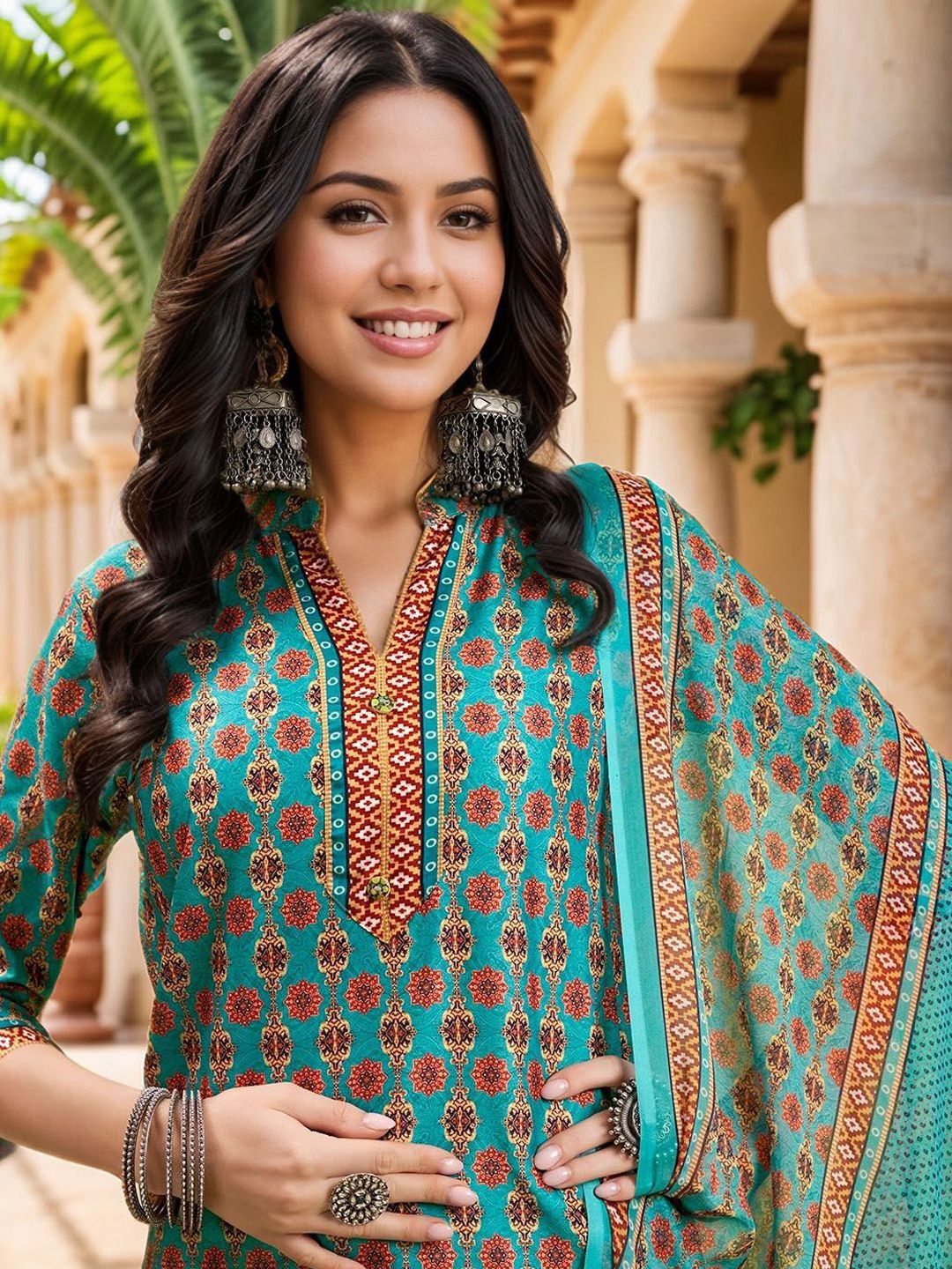 Dhimhi Women's Ethnic Motifs Printed Mandarin Collar Straight Kurta With Trousers & Dupatta