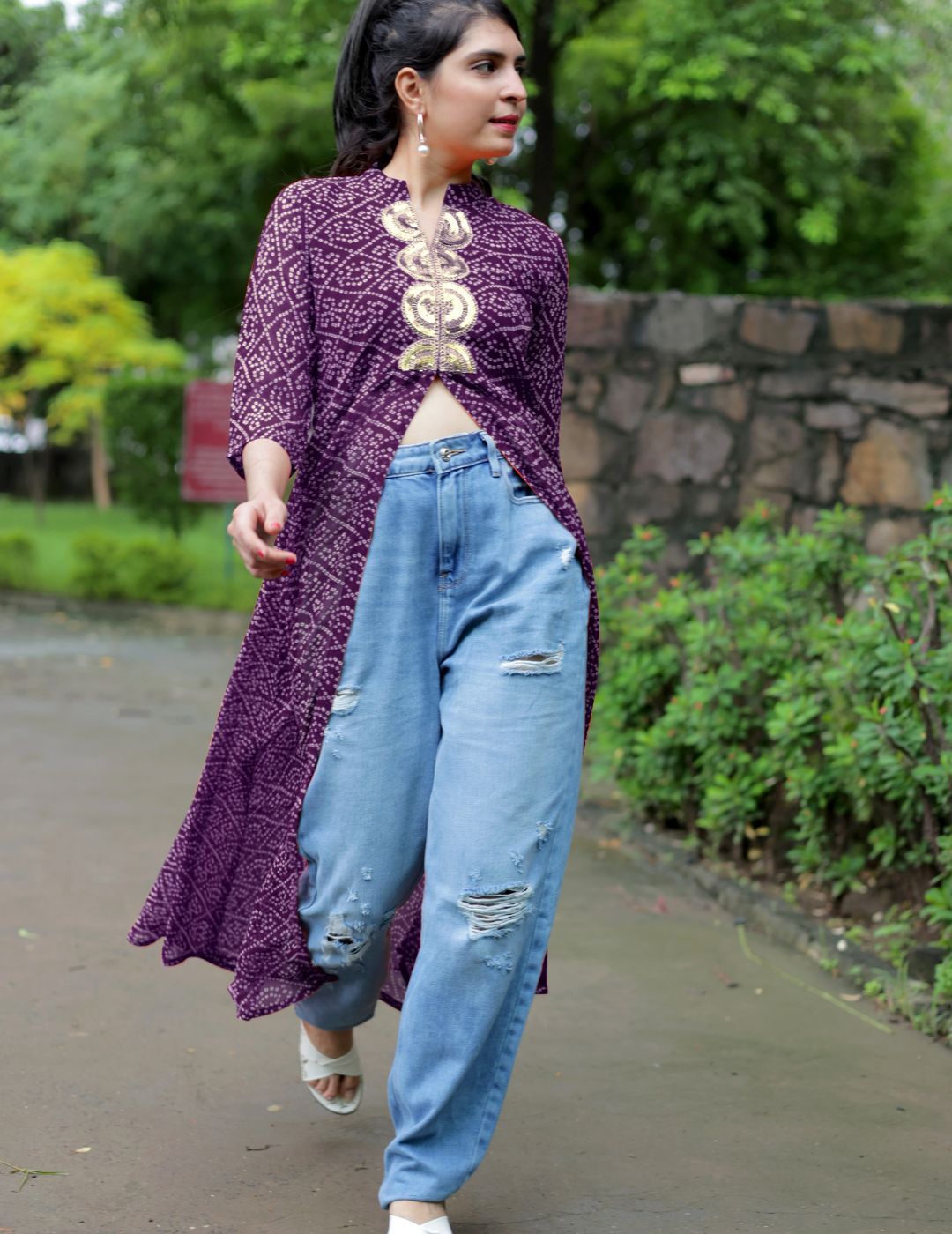 Bandhani Printed Mandarin Collar Sequins Front Slit Georgette A-Line Kurta