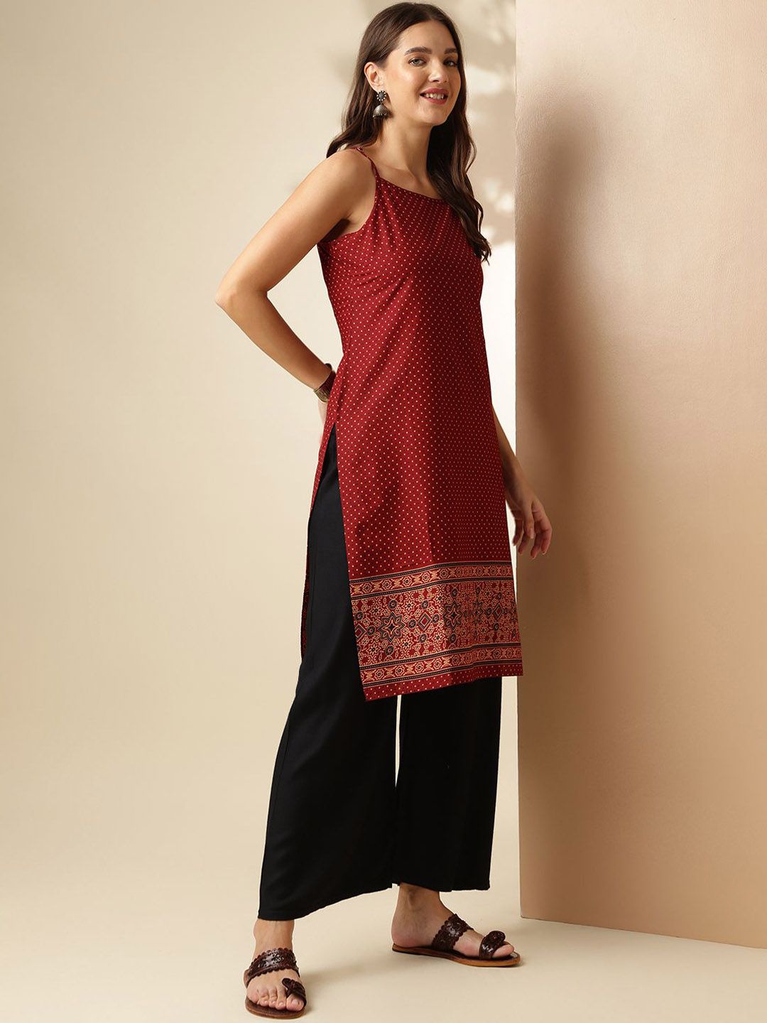 Maroon Polka Dots Printed Shoulder Straps Neck Sleeveless Regular Pure Cotton Kurta