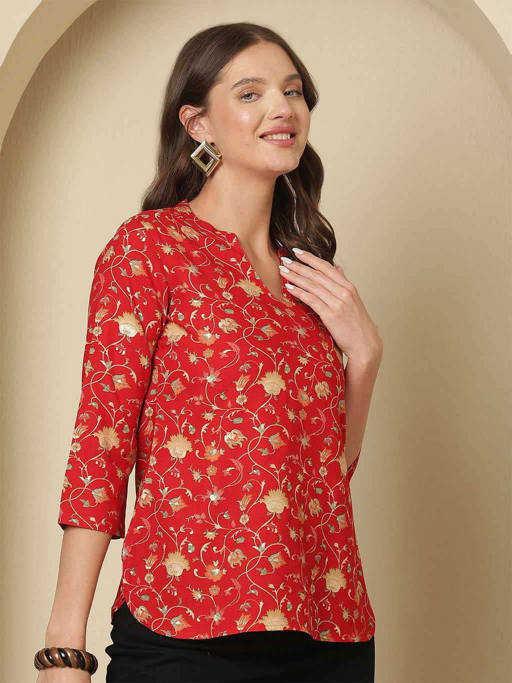 Dhimhi Women's Floral Printed Mandarin Collar Top