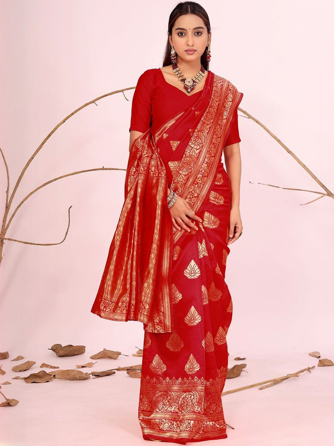 Dhimhi Women's Maroon Silk Cotton Woven Design Sarees