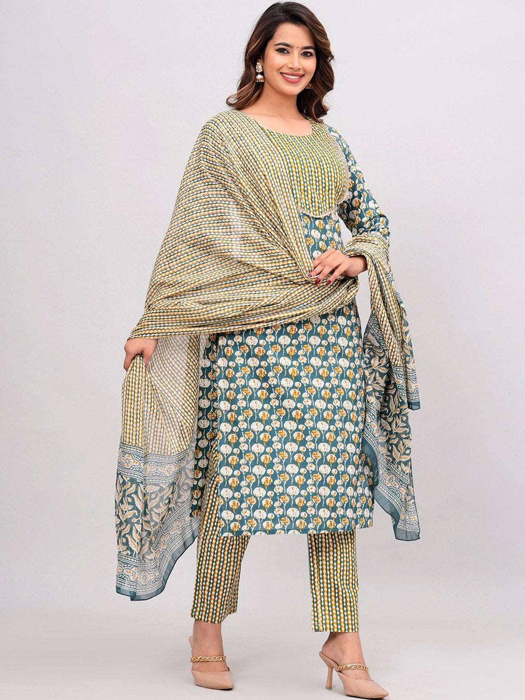 Dhimhi Women Abstract Printed Cotton Kurta with Trousers & Dupatta