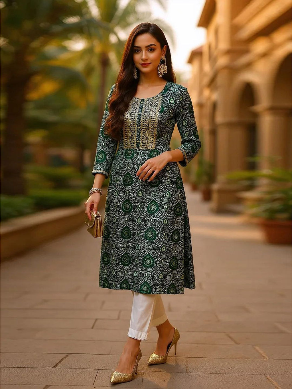 Round Neck Ethnic Motifs Printed Sequinned Kurta