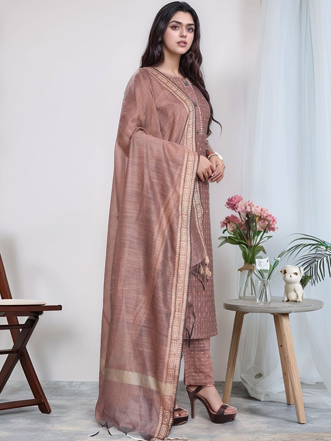 Dhimhi Women's Regular Thread Work Kurta with Trousers & With Dupatta