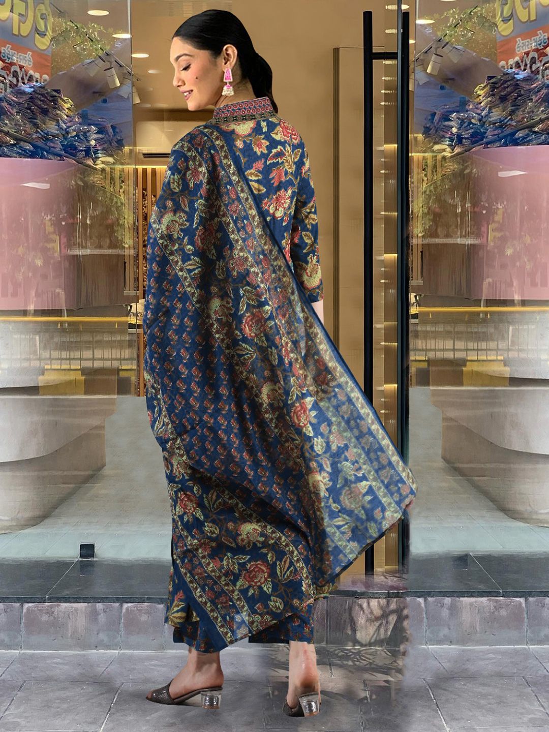 Dhimhi Women's Floral Printed V-Neck Anarkali Kurta with Palazzos & Dupatta