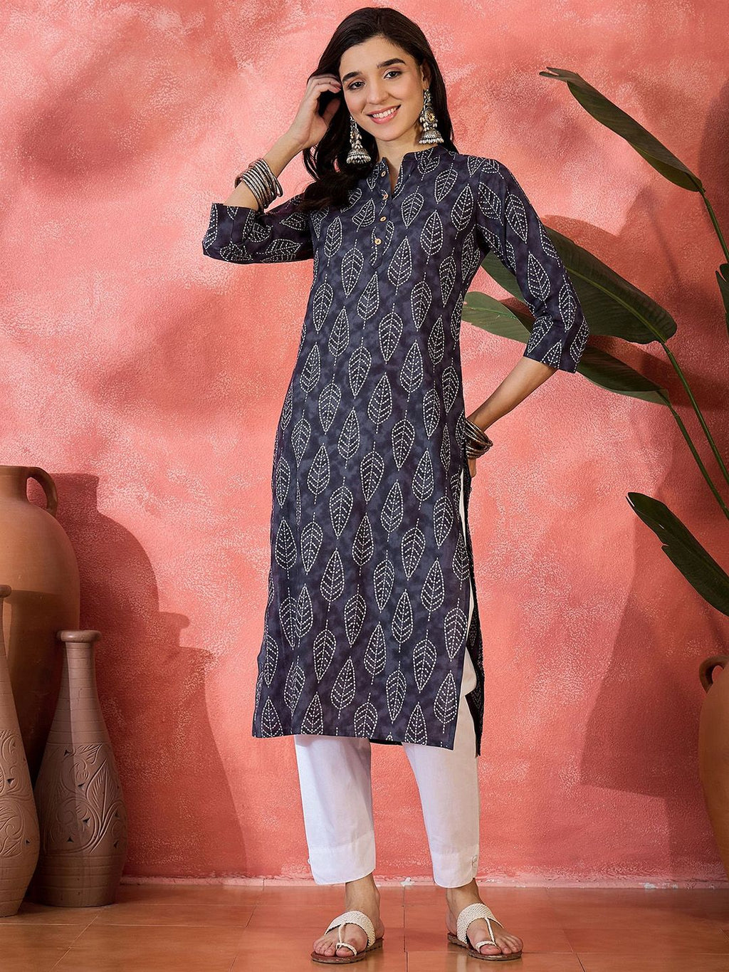 Floral Printed Mandarin Collar Pure Cotton A-Line Kurta
