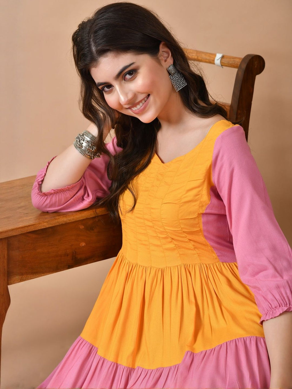 Dhimhi Women's Viscose Rayon Colourblocked Fit & Flared Midi Ethnic Dresses