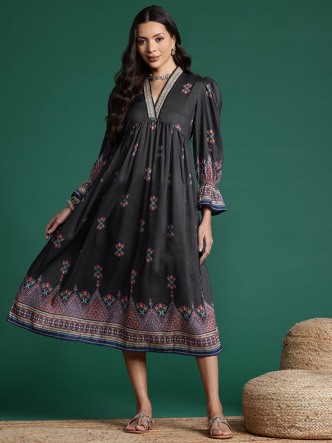 Dhimhi Women's Indie Floral Print V-Neck Ethnic Empire Dress