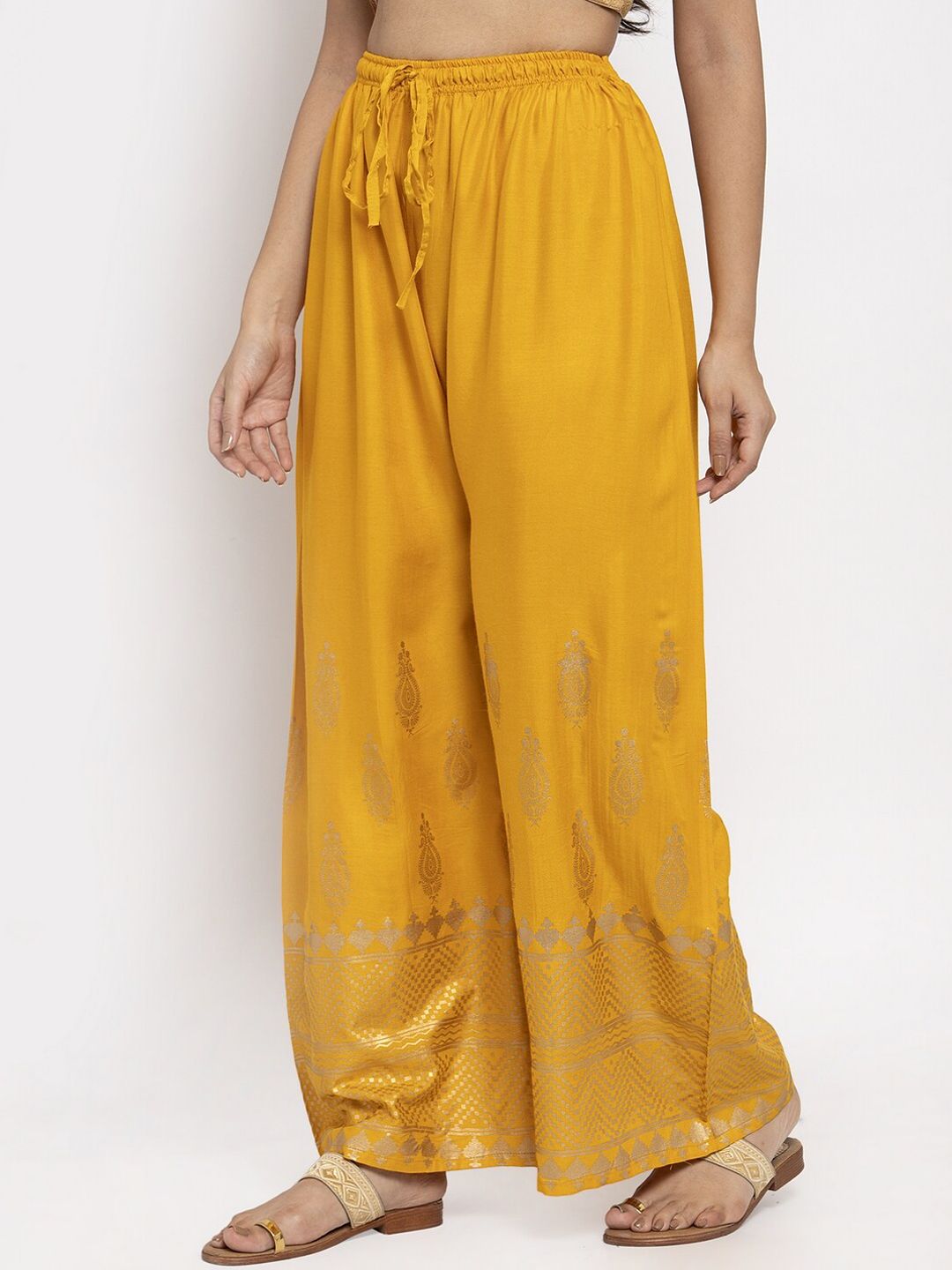 Dhimhi Women's Mustard Yellow Printed Straight Palazzos