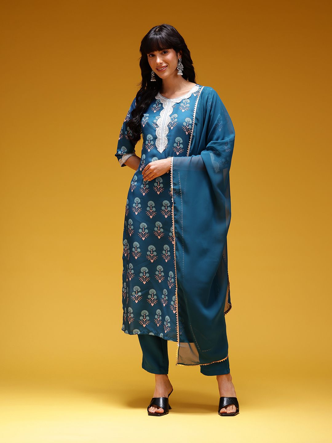 Dhimhi Women's Printed Lace Inserts Gotta Patti Kurta with Trousers & Dupatta