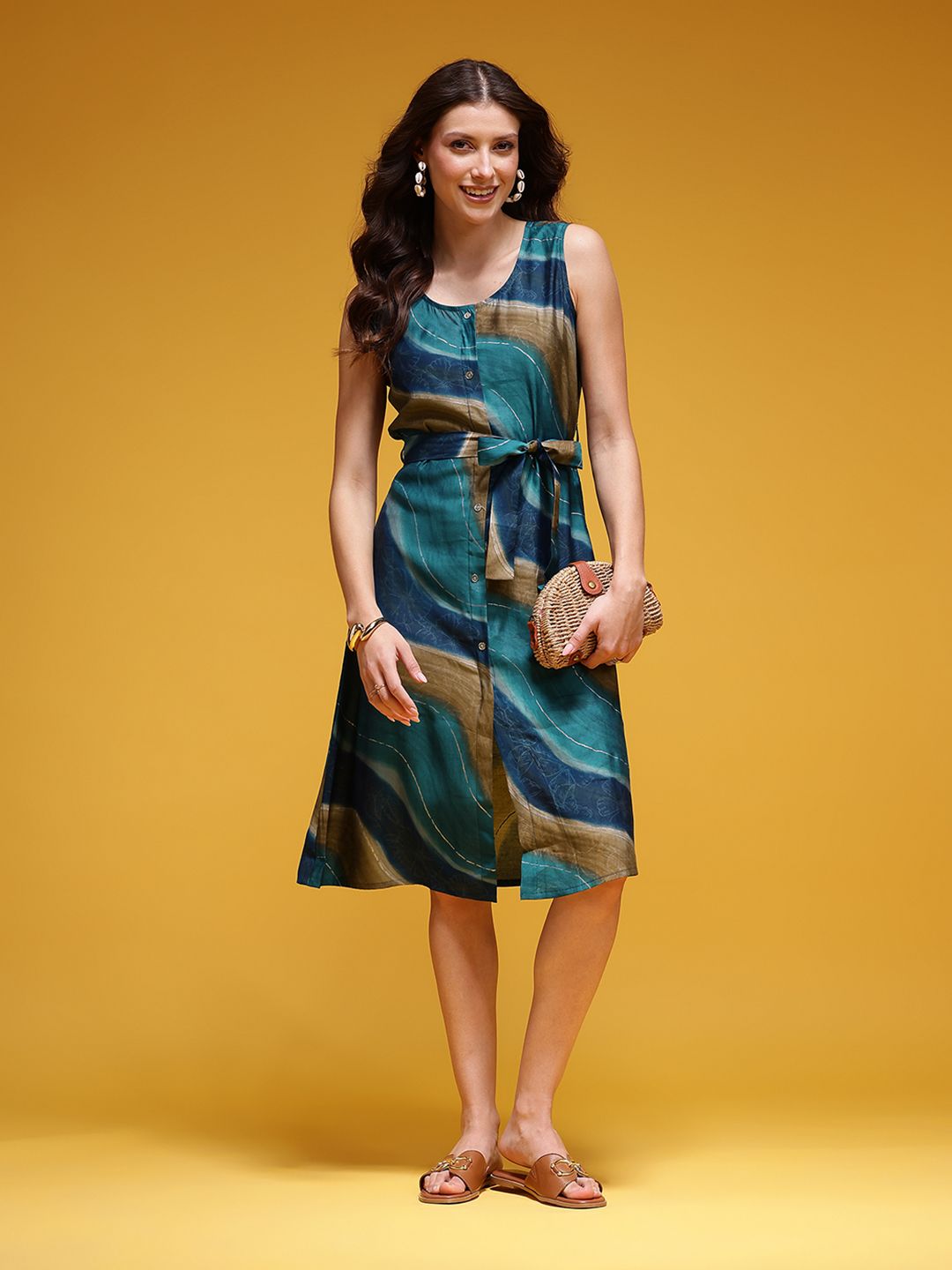 Dhimhi Women's Abstract Print Belted Shirt Dress