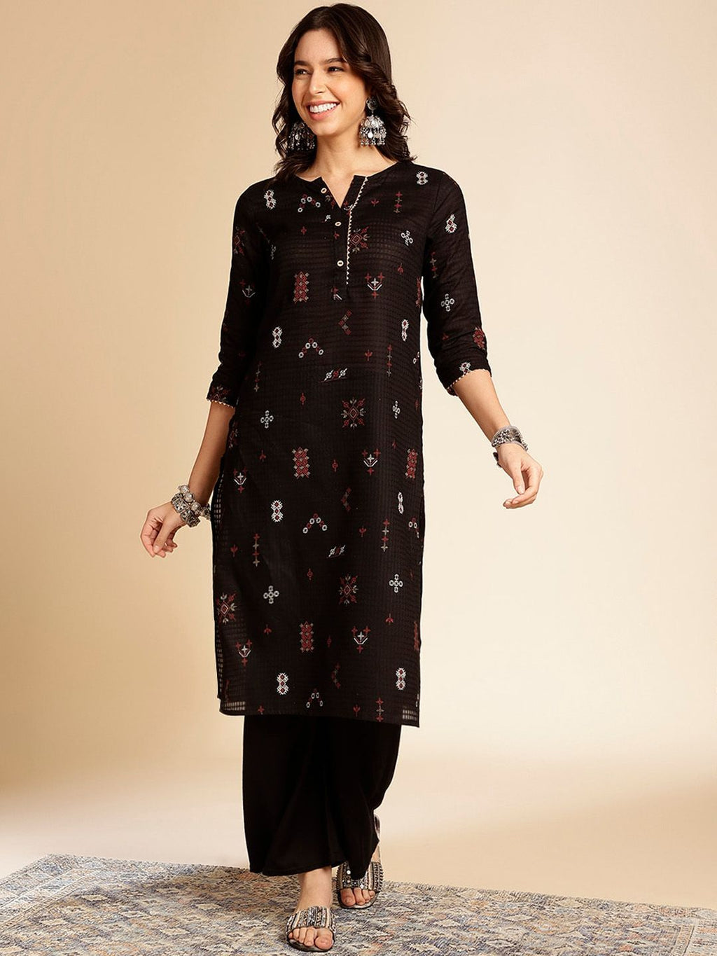 Black Ethnic Motifs Printed Round Neck Gotta Patti Cotton Straight Kurta