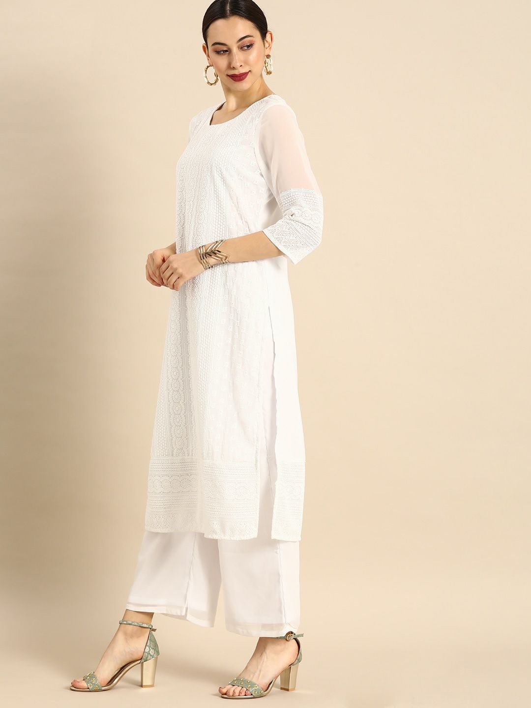 Dhimhi Women's White Chikankari Embroidered Kurta with Palazzos