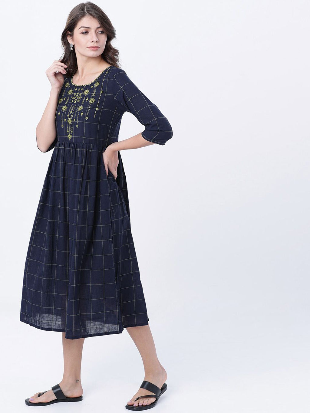 Dhimhi Women's Navy Blue Checked Empire Dress