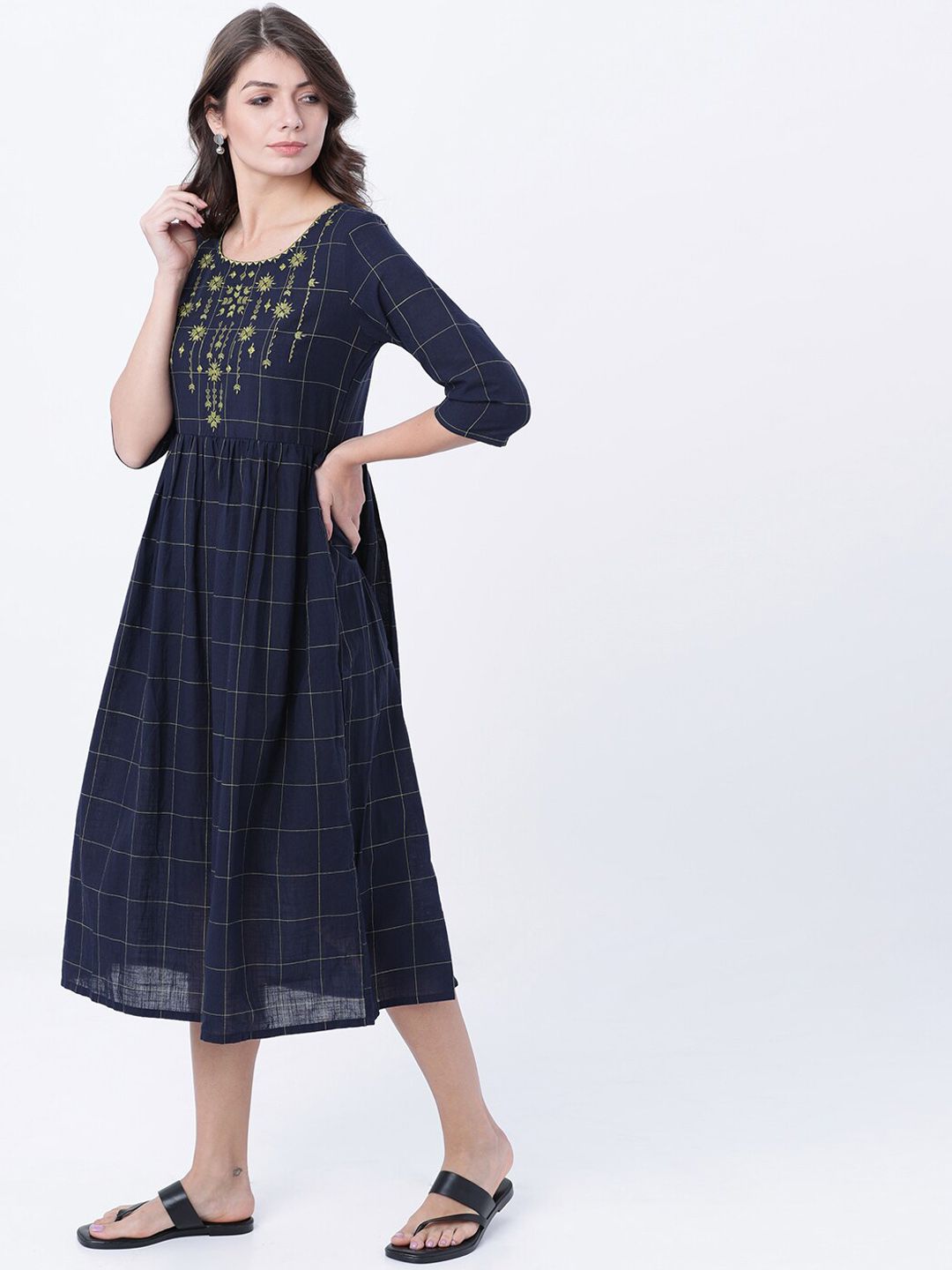 Dhimhi Women's Navy Blue Checked Empire Dress