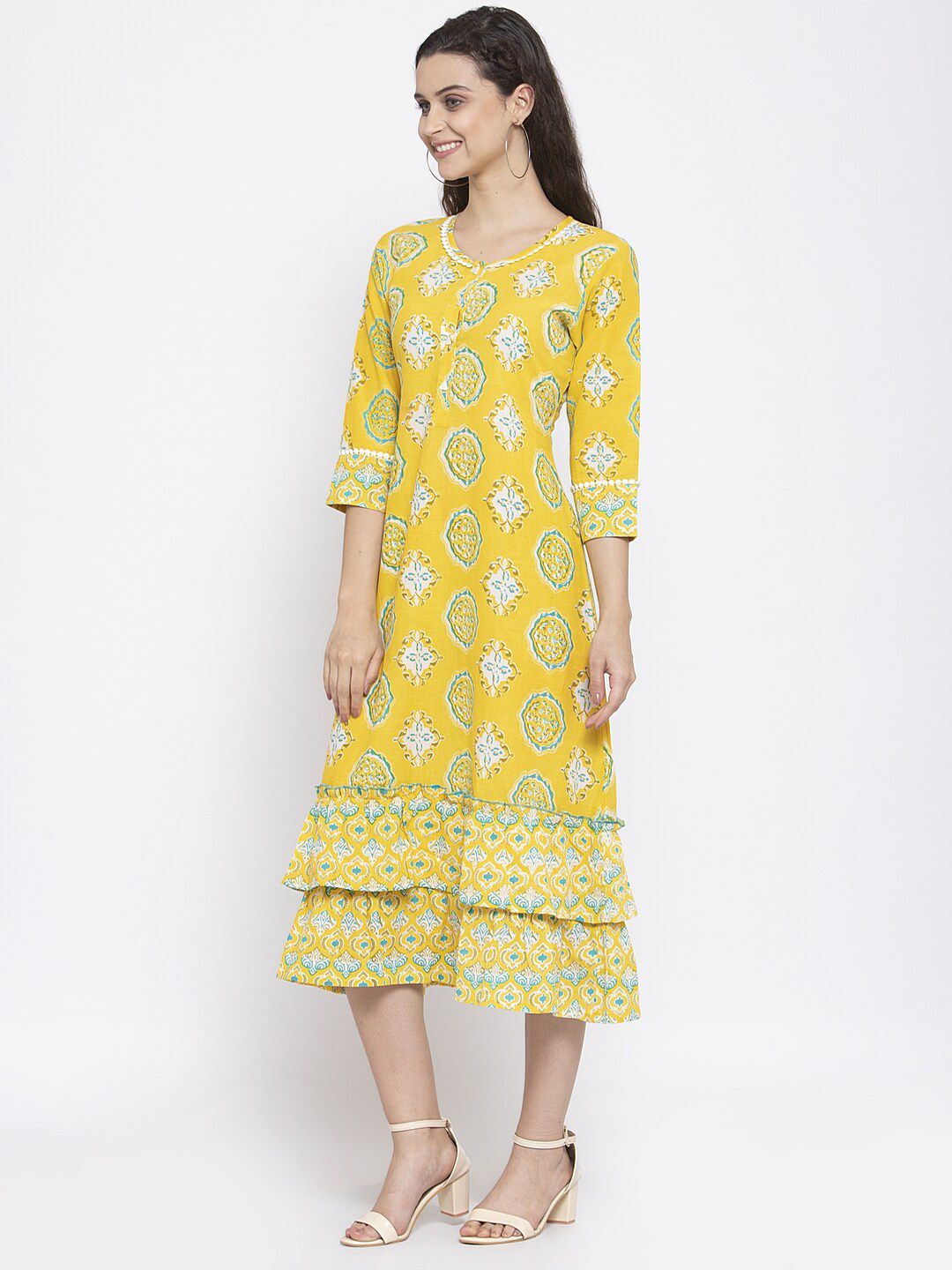 Dhimhi Women's Yellow Ethnic Motifs Printed A-Line Dress