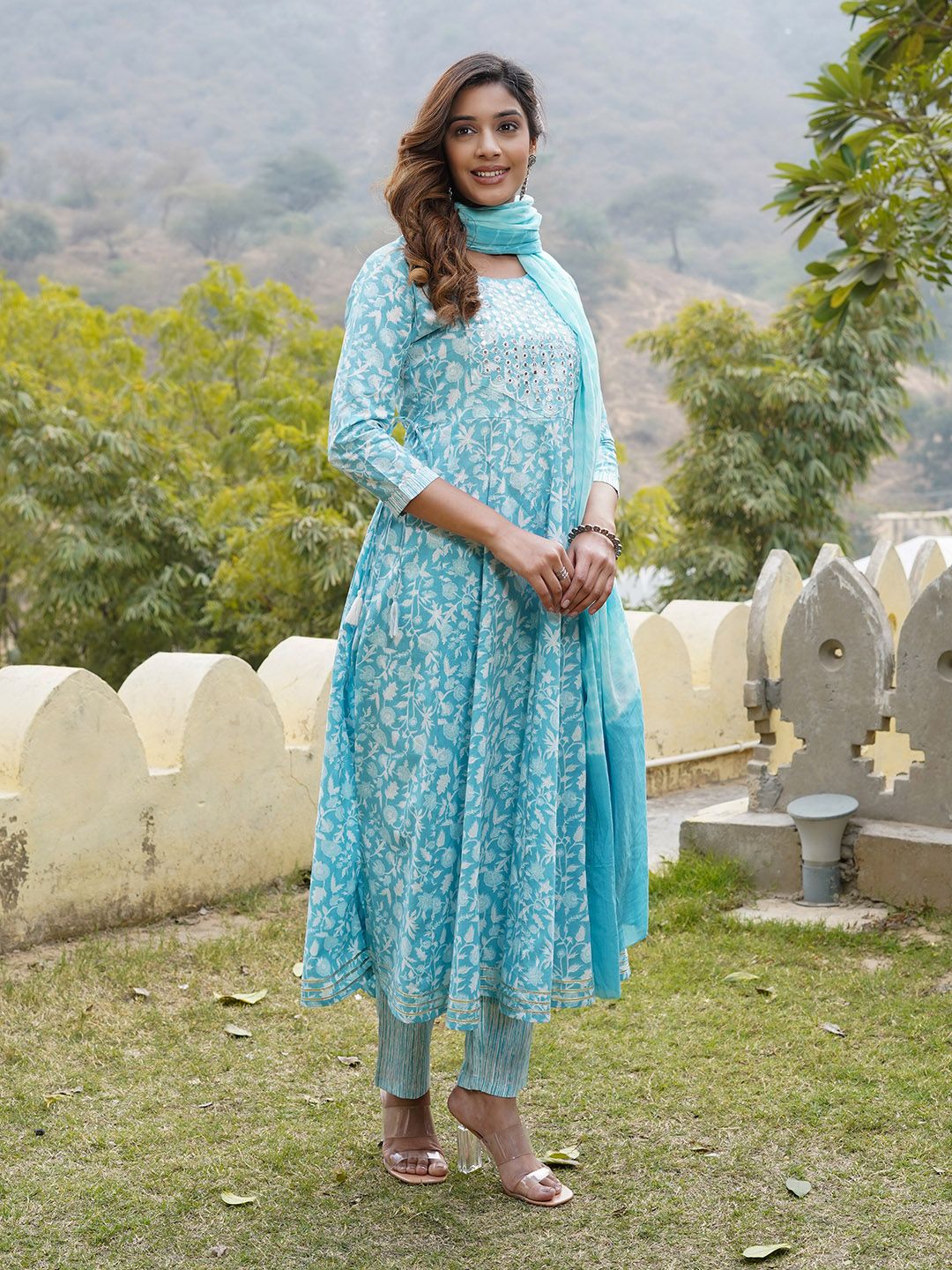 Dhimhi Women's Floral Printed Regular Mirror Work Pure Cotton Kurta with Trousers & With Dupatta