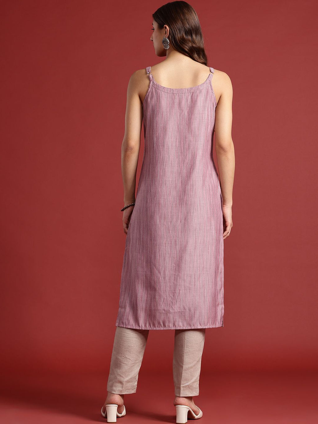 Shoulder Straps Woven Design Striped Straight Kurta