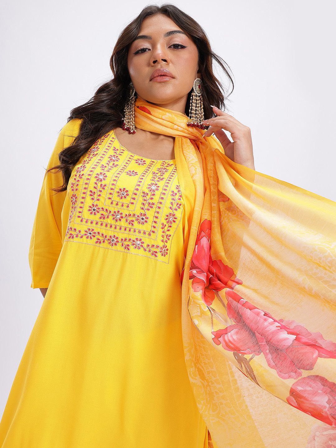 Dhimhi Women's Yoke Design Regular Mirror Work Kurta with Trousers & Dupatta