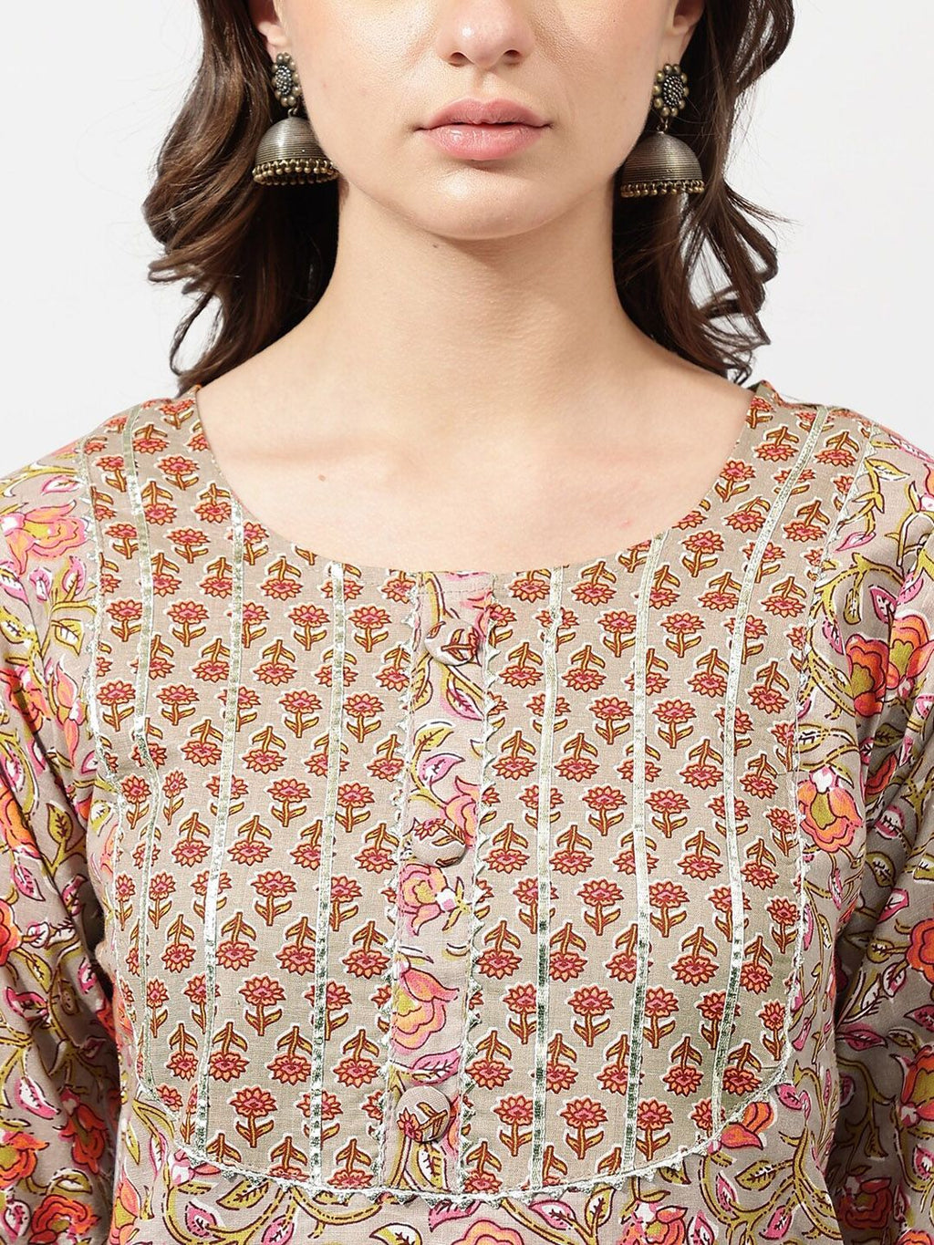 Dhimhi Women's Beige Ethnic Motifs Printed Gotta Patti Pure Cotton Kurta with Trousers
