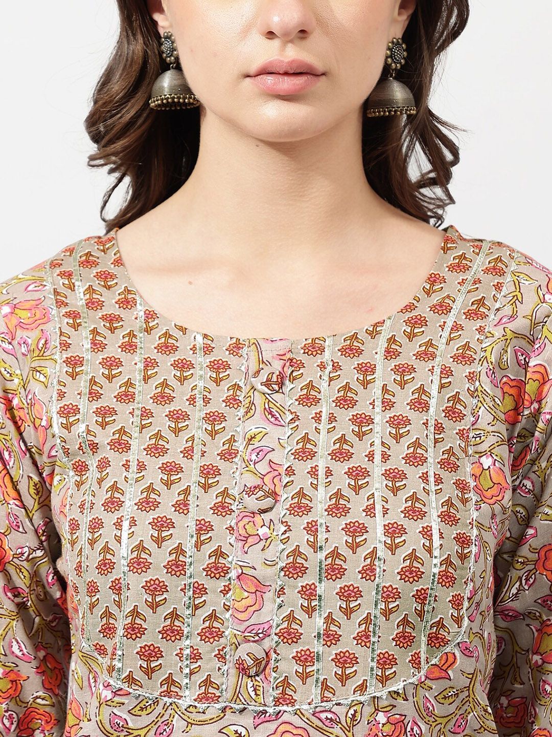 Dhimhi Women's Beige Ethnic Motifs Printed Gotta Patti Pure Cotton Kurta with Trousers