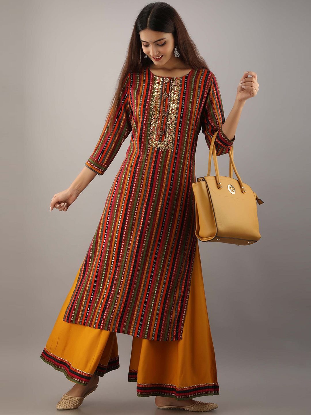 Dhimhi Women's Red Printed Kurta with Palazzos