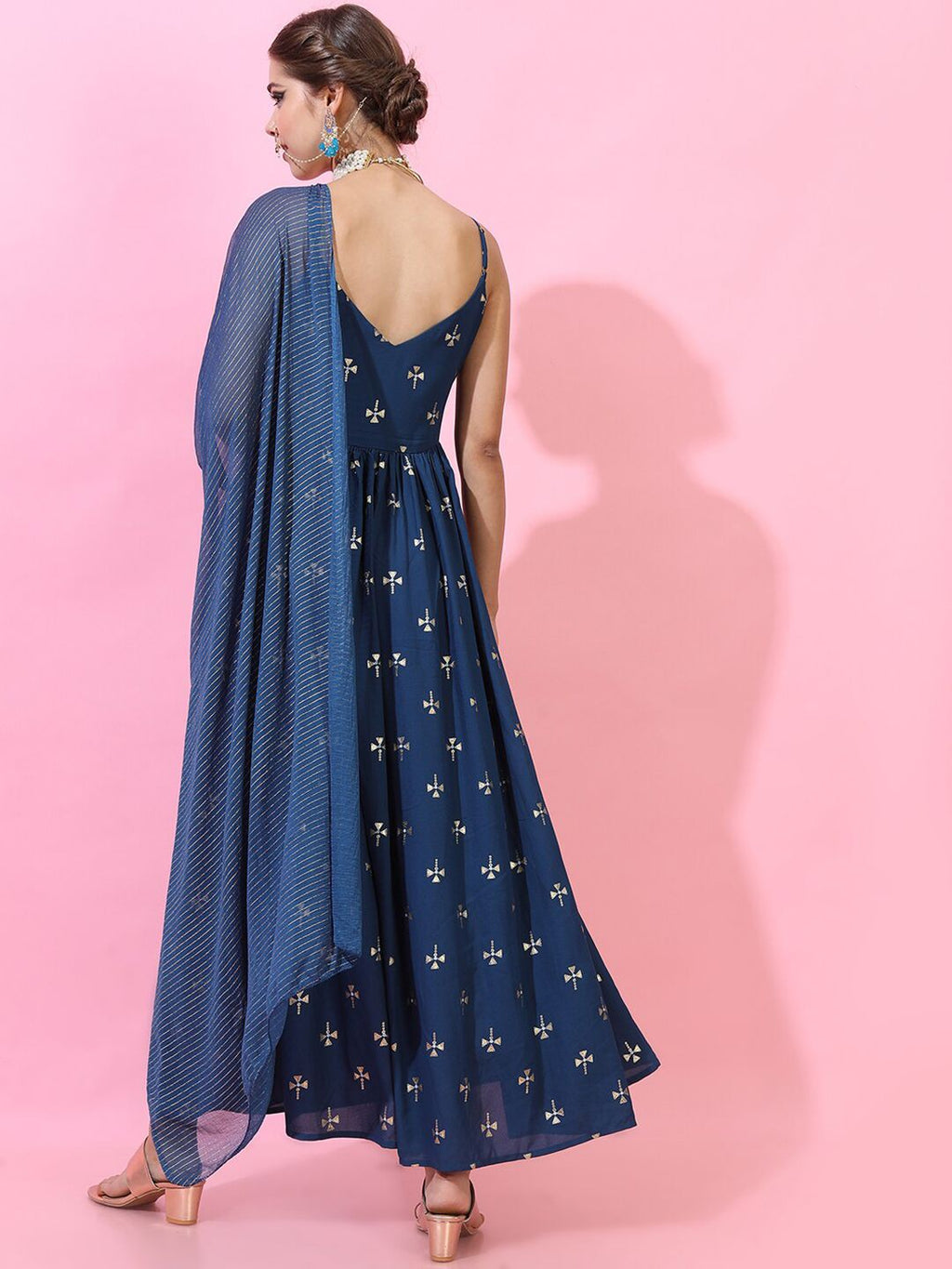 Dhimhi Women's Teal Printed Strappy Gathered Maxi Dress With Dupatta
