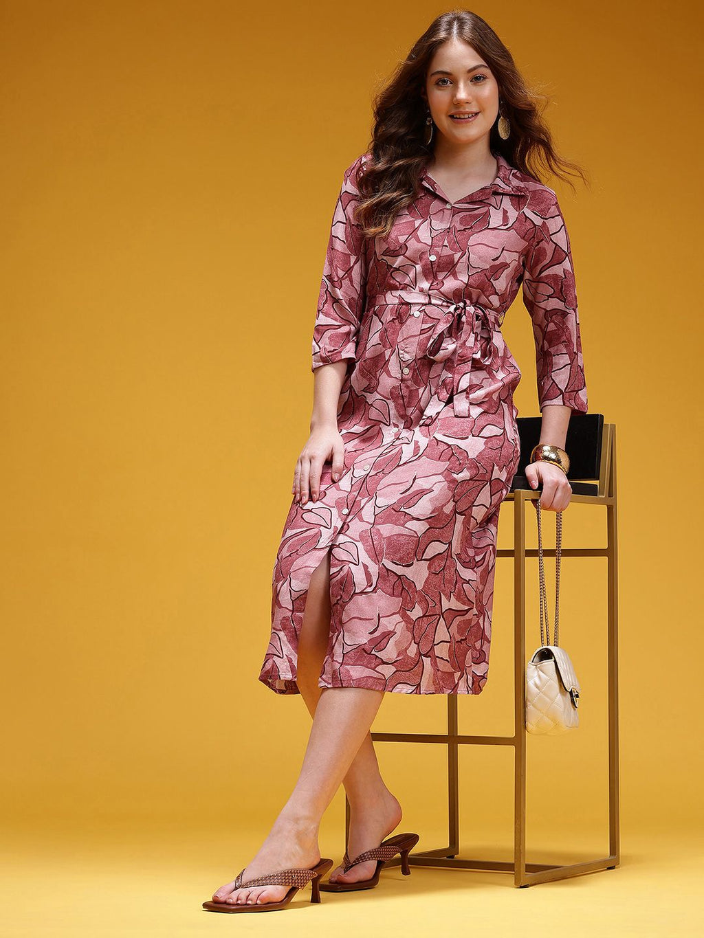 Dhimhi Women's Abstract Print Belted Shirt Midi Ethnic Dress