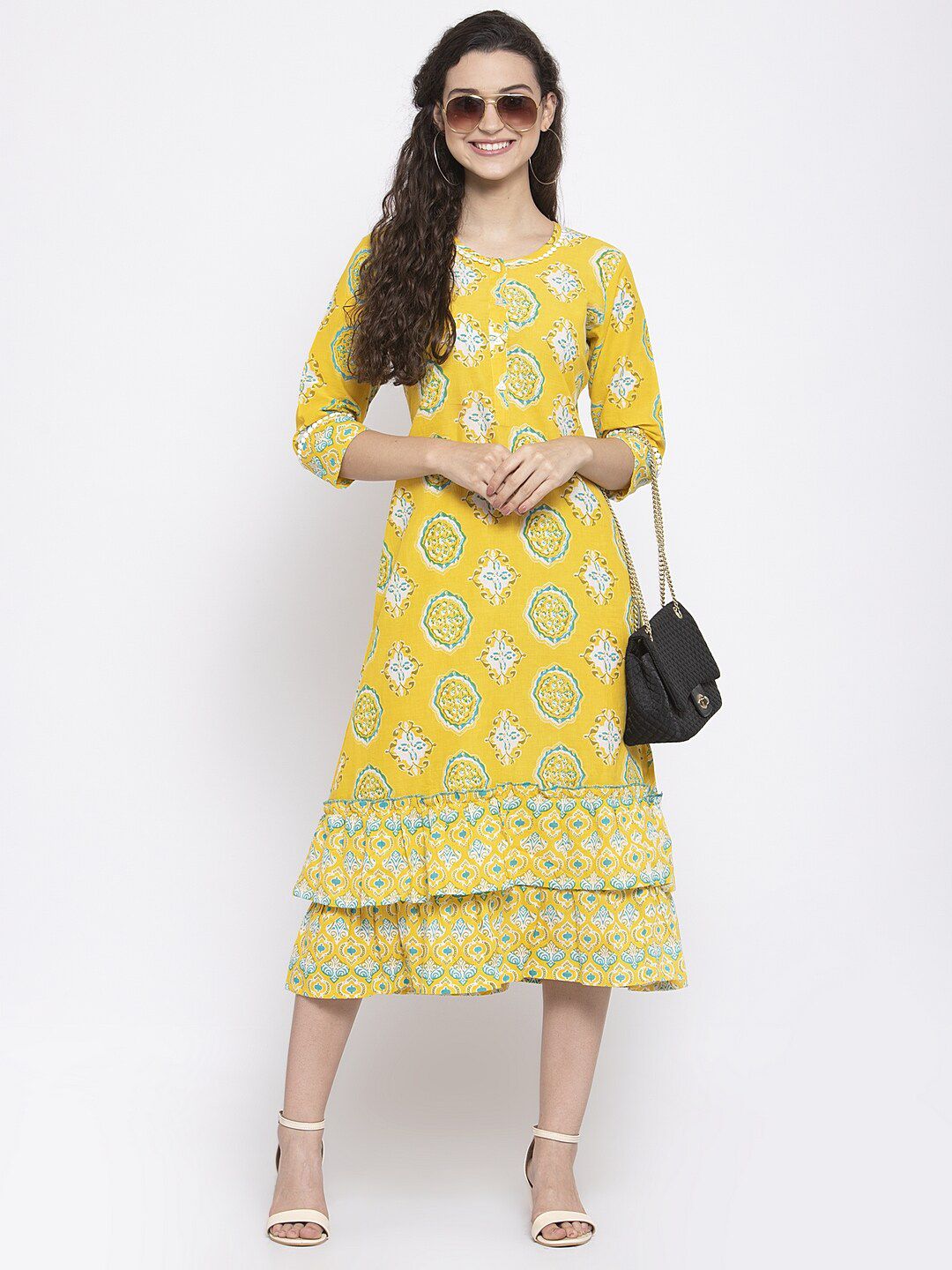 Dhimhi Women's Yellow Ethnic Motifs Printed A-Line Dress