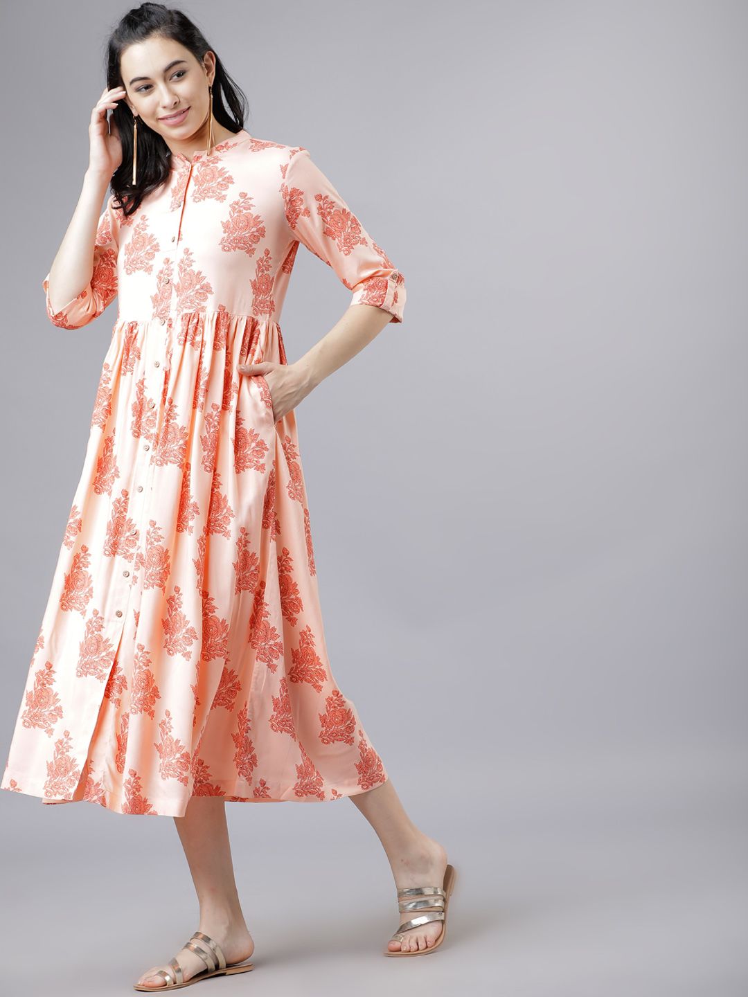 Dhimhi Women's Peach-Coloured Floral Print Fit and Flare Dress