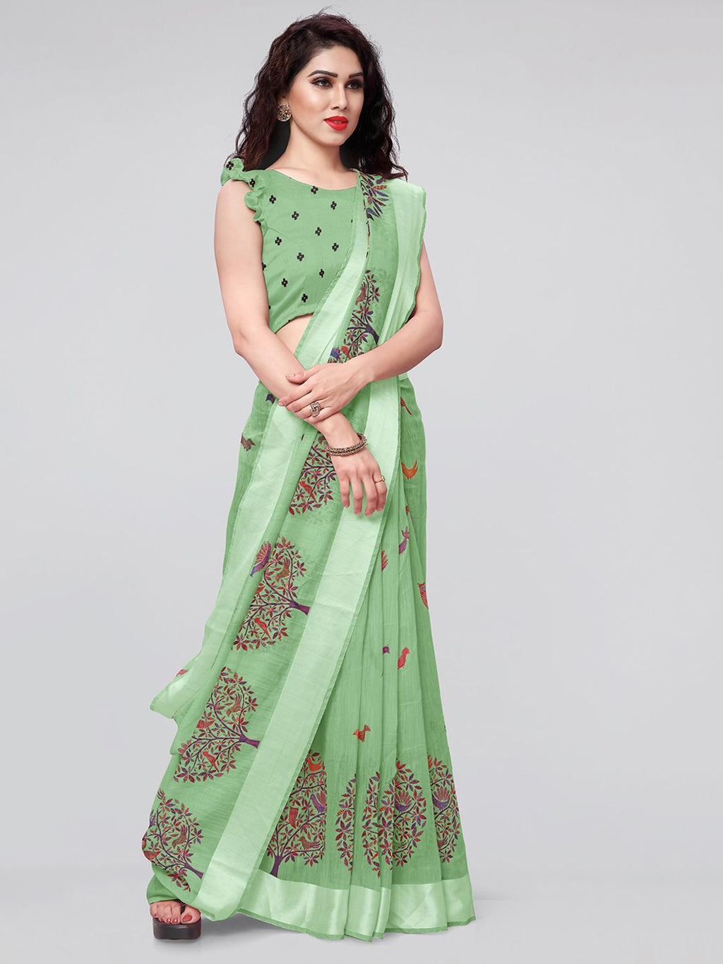 Dhimhi Women's Sea Green & Red Ethnic Motifs Saree