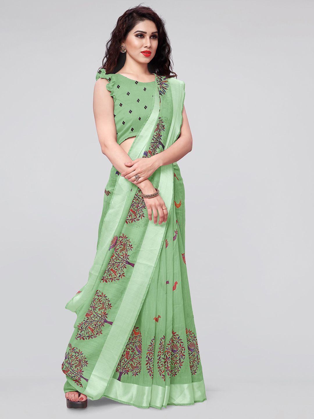 Dhimhi Women's Sea Green & Red Ethnic Motifs Saree