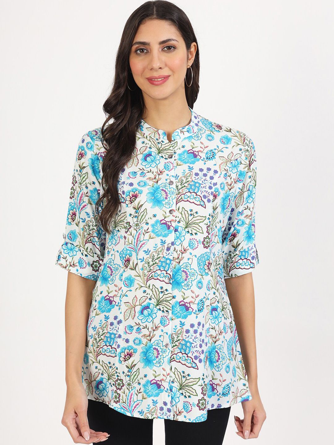 Dhimhi Women's Floral Printed Mandarin Collar Roll-Up Sleeves Shirt Style Top