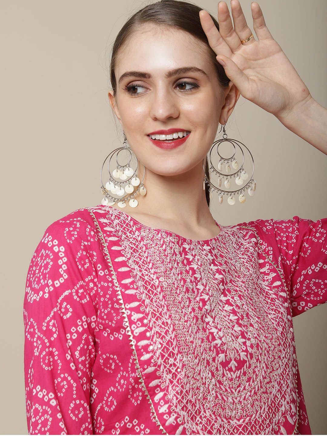Women Pink & White Bandhani Printed Thread Work Kurta