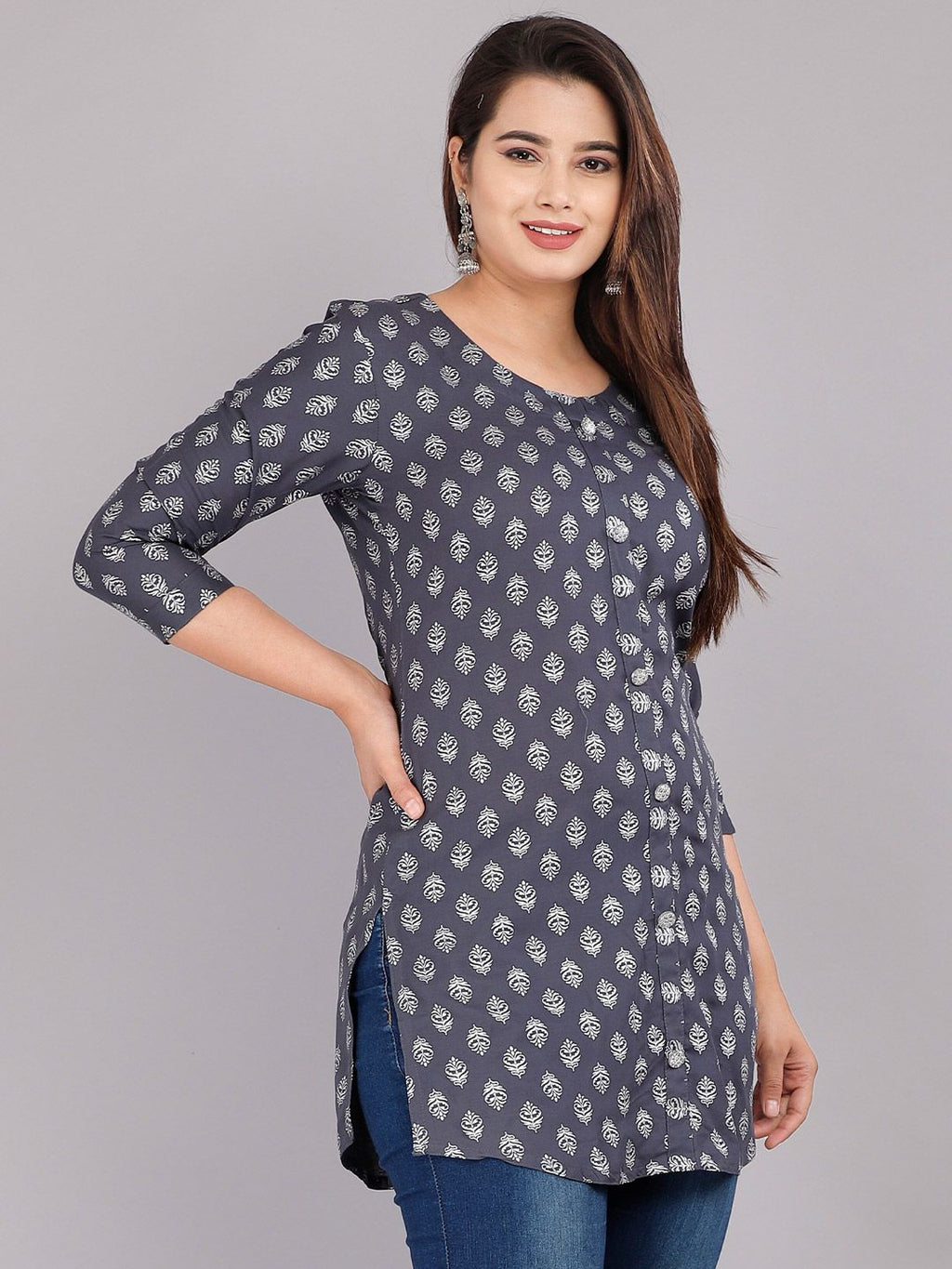 Dhimhi Women's Grey Print Viscose Rayon Longline Top